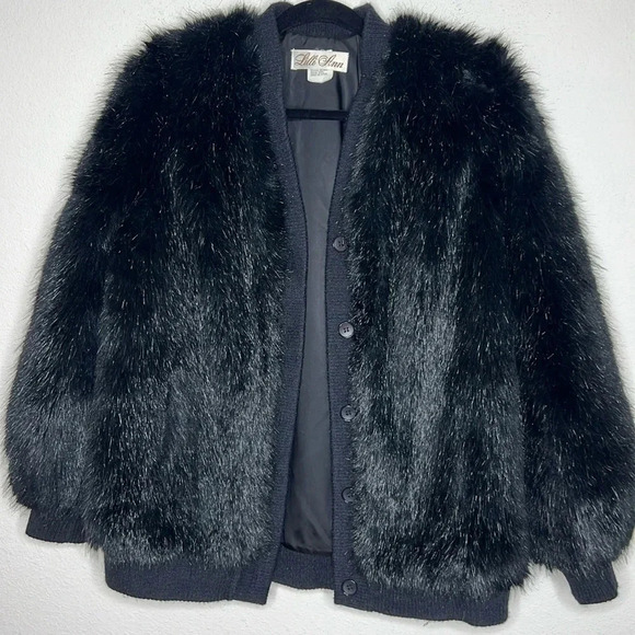 Lilli Ann Faux Fur vintage Black Bomber Jacket Sz medium Made In USA - Picture 1 of 8